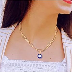 Gold Paper Clip Chain Link Blue Pendant Evil Eye Necklace
